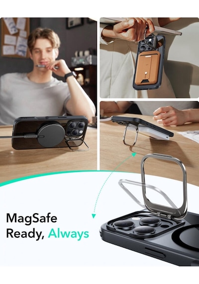 Esr Apple Uyumlu iPhone 16 Pro Max Halolock Mag Safe Classic Hybrid Standı Silikon Kılıf Şeffaf Siyah