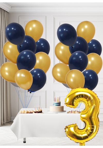 3 Yaş Sarı Lacivert Taraftar Temalı Doğum Günü Seti Altın Kozmik Lacivert Balonlar Altın Folyo Rakam Altın