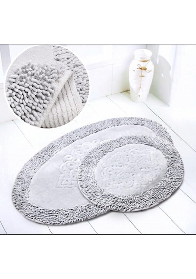 Cotton Special %100 Pamuk 2'li Oval Osmanlı Desen Pamuklu Klozet Takımı Gri Renkli