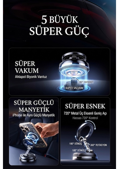 Ultra Güçlü Vakumlu Ve Mıknatıslı 360+360 Hareketli Metal Magsafe Telefon Tutucu Siyah