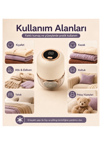 Şarjlı Tüy Toplama Makinesi 6 Bıçaklı Dijital Ekranlı