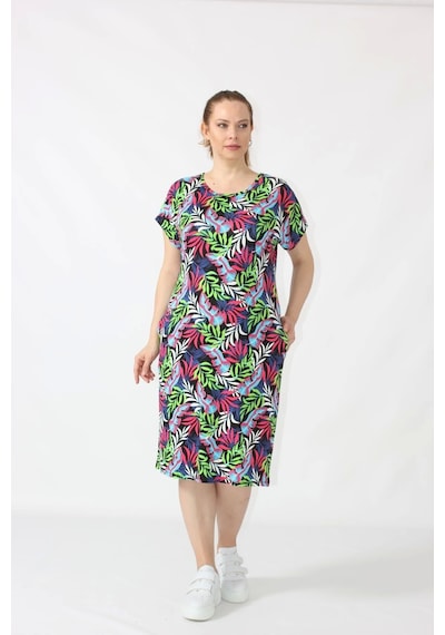 Moda Berray 3281 Çiçek Desenli Penye Kumaş Cepli Büyük Beden Mevsimlik Elbise Yeşil
