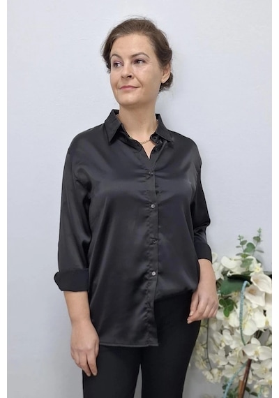Mia Butik Kadın Siyah Saten Gömlek Siyah