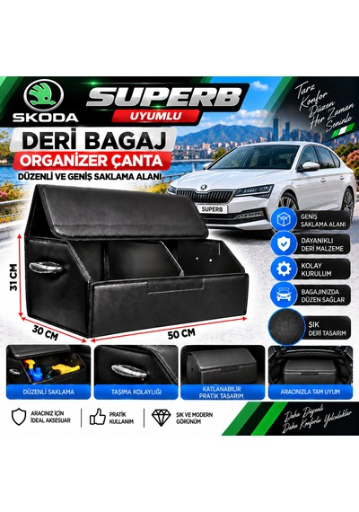 Skoda Superb Uyumlu Oto Bagaj Organizeri Deri Bagaj Kutu Çanta 1