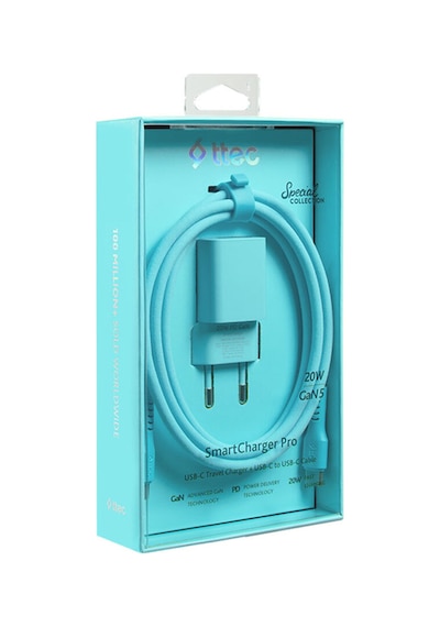Smartcharger Gan 20w Pd Seyahat Hızlı Şarj Aleti + Usb-c - Usb-c 3a Kablo Neon Neon Mavi