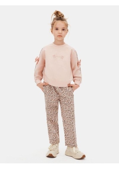 Kız Çocuk Kolları Leopar Şeritli Fiyonklu Sweatshirt-16133 Pudra