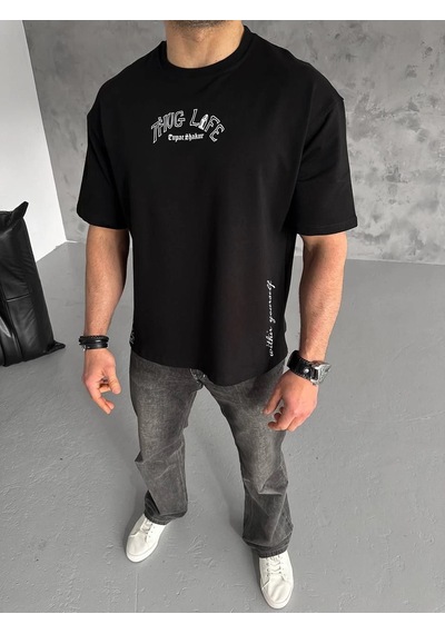 Baskılı Oversize T-shirt - Siyah -Çok Renkli