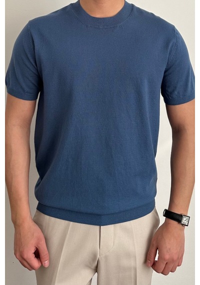 Tarz Cool Erkek Slim Fit Bisiklet Yaka Triko T-shirt Saks