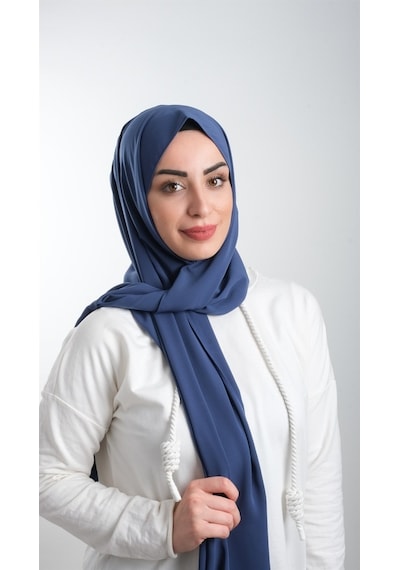 Hürrem Bone Indigo Düz Klasik Şal Medine Ipeği Sade 202103_34 Indigo