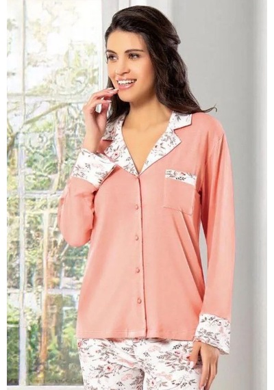 Faal 8605 Kadın Uzun Kollu Önden Düğmeli Pijama Takımı-somon SOMON
