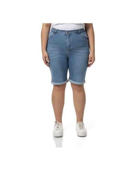 Büyük Beden Paçası Katlamalı Beş Cepli Denim Açık Mavi Şort-açık Mavi Açık Mavi