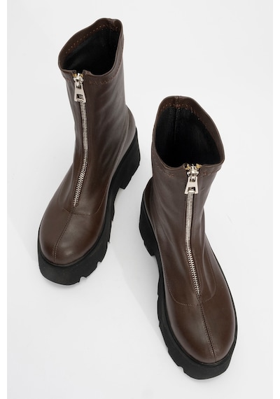 Luvishoes Luvi Shoes Ovil Kahve Cilt Kalın Taban Fermuarlı Kadın Bot Kahverengi Deri