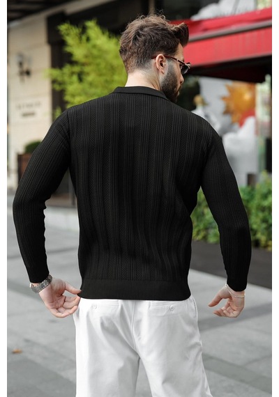 Madmext Siyah Düğmeli Polo Yaka Desenli Over Fit Erkek Triko Kazak E7520