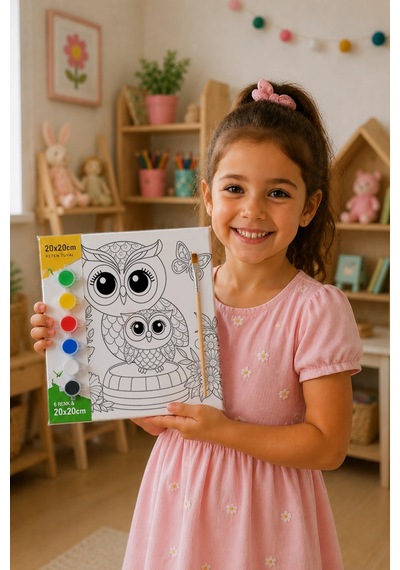 Sevimli Baykuş Temalı Çocuk Boyama Tuvali Şövalesiz Eğitici Boyama Seti 20x20 Cm