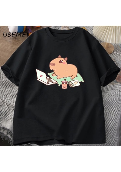 Startmore Capybara Kullanımı Bilgisayar Tshirt Erkekler Komik Gevşek Pamuklu Üst Giyim Rahat Yaz Giysil Siyah