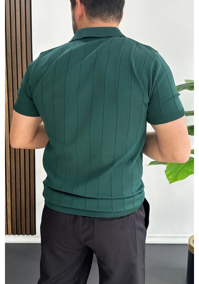 Erkek Slim Fit Fermuarlı Polo Yaka Tişört Yeşil Edw452 Yeşil