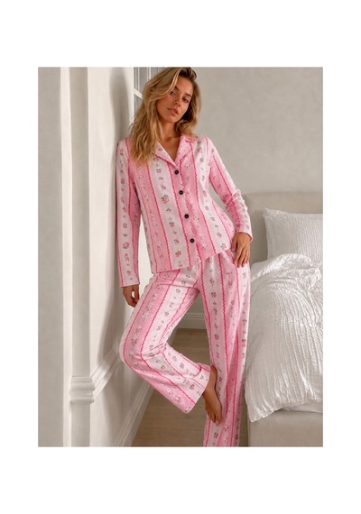 Fit Women Kadın Desenli Düğmeli Uzun Kollu Pembe Pijama Takımı