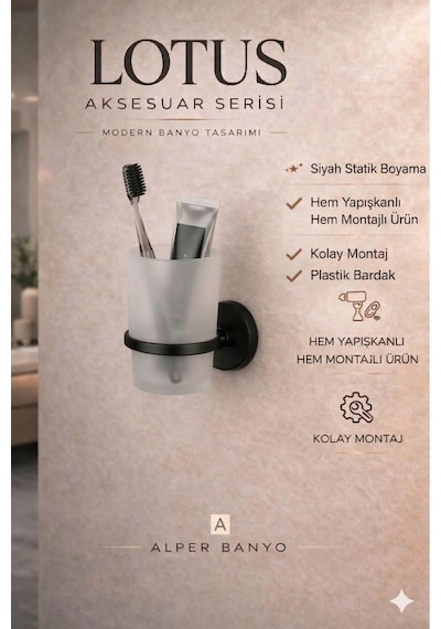 Alper Banyo Lotus Mat Siyah Eko Diş Fırçalık Plastik Tabak Ister Yapıştır Ister Montajla