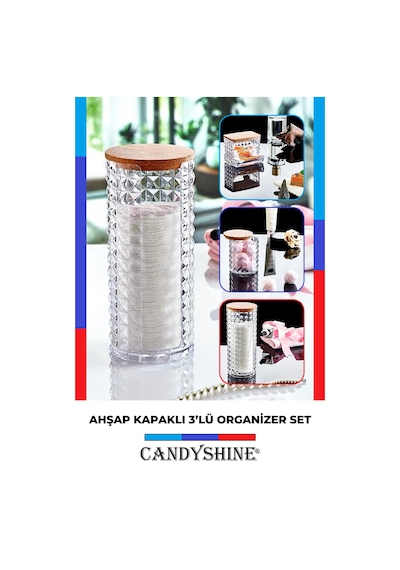 Ahşap Kapak 3'lü Organizer Set Modern Pamukluk Banyo Düzenleyici Şeffaf