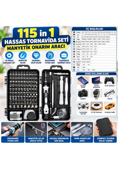 Hassas Tornavida Seti Bilgisayar Pc Telefon Onarım Aracı Seti Manyetik 115 İn 1 Tornavida Seti Çok Renkli