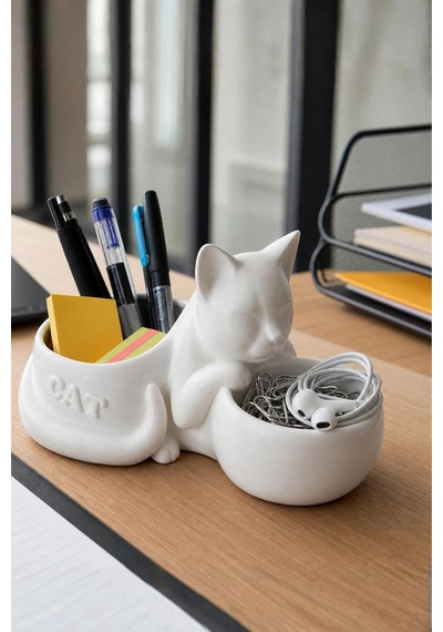 Çift Hazneli Organizer Plastik, Kedi Tasarımlı, Beyaz, Kahverengi, Siyah