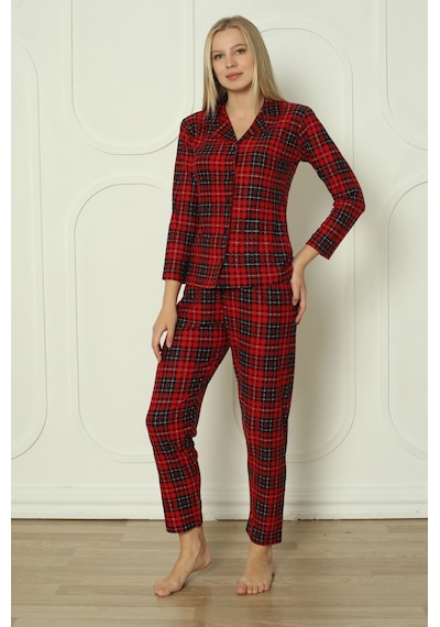 Wordex Fawn 3702 Boydan Düğmeli Soft Süet Kışlık Kareli Kadın Pijama Takımı Kırmızı