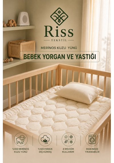 Riss Tekstil %100 Merinos Kuzu Yünü Bebek Yorganı 95x145 Cm Ve Yün Bebek Yastığı 35x45cm