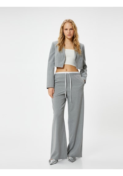 Koton Crop Blazer Ceket Fleto Cepli Viskon Karışımlı Gri Çizgili 4sak50128uw Gri