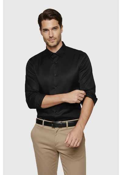 Deepsea Siyah Slim Fit Erkek Gömlek Kolay Ütülenen Nefes Alan Kumaş, Dört Mevsim Şıklık 2608515 Siyah