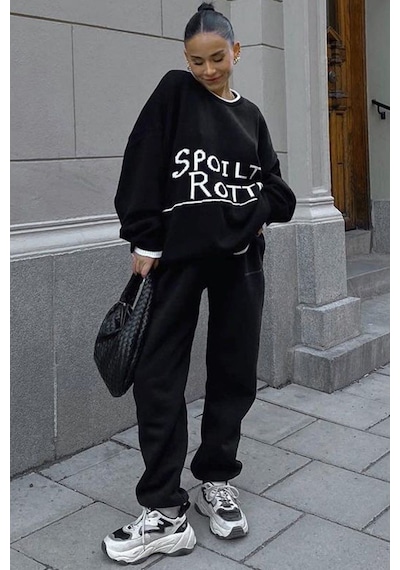 Madmext Siyah Yazılı Oversize Bisiklet Yaka Kadın Kazak Mg1596 - Siyah