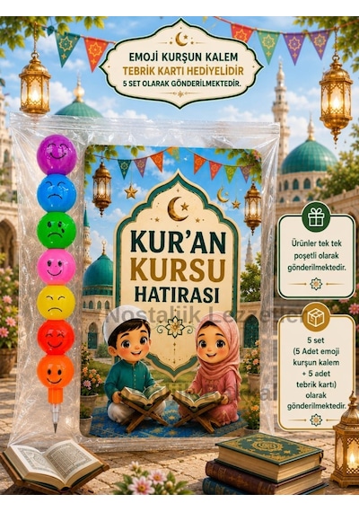 Kur'an Kursu Hatırası 5 Adet Emoji Yumurtlayan Kurşun Kalem Tebrik Kartı Hediye Seti
