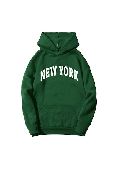 New York Sweatshirt - Yeşil Baskılı Oversize Kapüşonlu Yeşil