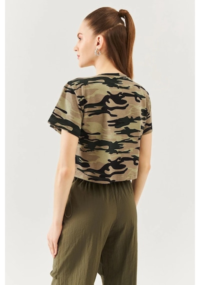 Kadın Oversize Rahat %100 Pamuklu Penye Bisiklet Yaka Kısa Kol Basic Crop T-shirt Kamuflaj