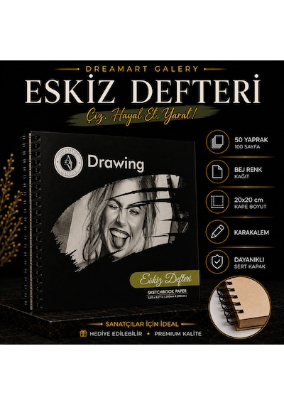 Dreamart Galery Eskiz Defteri 20x20 Cm Bej Renk Kağıt, Spiralli Sert Kapak 50 Yaprak Çizim Defteri