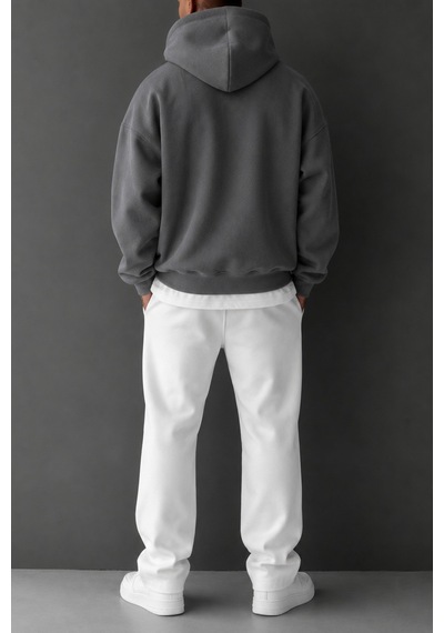 Tarz Cool Regular Kapüşonlu Sweatshirt Erkek Unisex 3 İplik Şardonlu %100 Pamuk Basic Hoodie Gümüş
