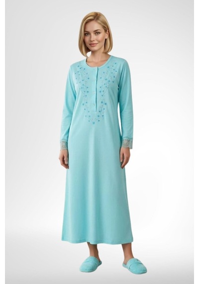 Mecit Pijama Mecit 6375 Turkuaz Kadın %100 Pamuk Uzun Kollu Gecelik