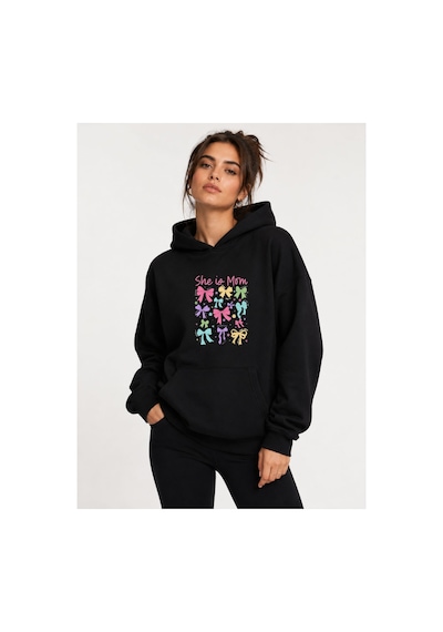 Herkesemoda Renkli Kurdeleler Baskılı Kapüşonlu 2 İplik Şardonlu Sweatshirt Siyah