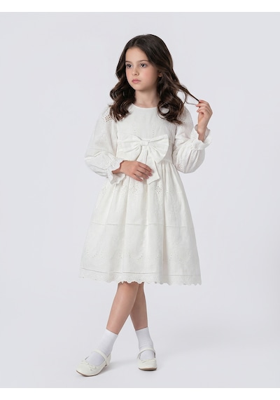 Pina Kids Kız Çocuk Uzun Kollu Önü Kurdelalı Fisto Elbise Beyaz
