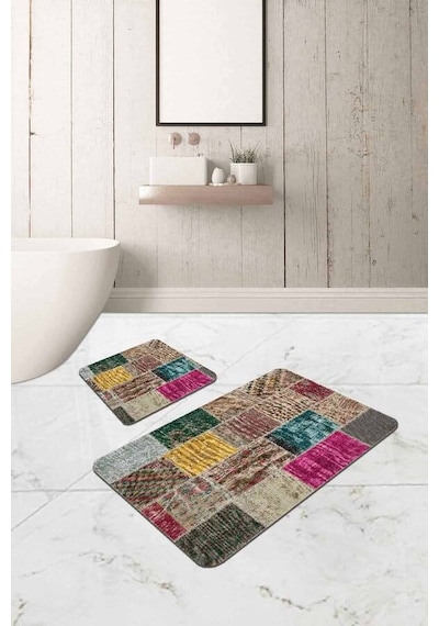Renkli Patchwork Banyo Halısı Klozet 2'li Paspas Seti Bs294n11 Çok Renkli