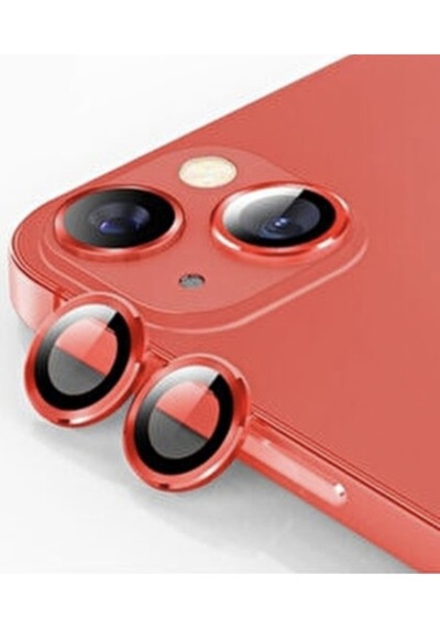 Apple Uyumlu   iPhone 13 Mini Kamera Koruyucu Lens Mercek Metal Çerçeveli 2li Set Kırmızı Red