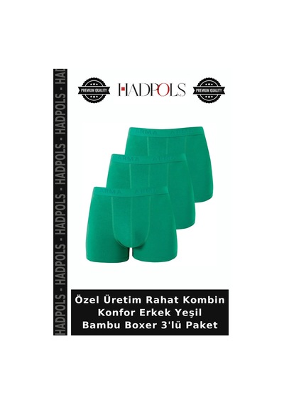 Hadpols Özel Üretim Rahat Kombin Konfor Erkek Yeşil Bambu Boxer 3'lü Paket