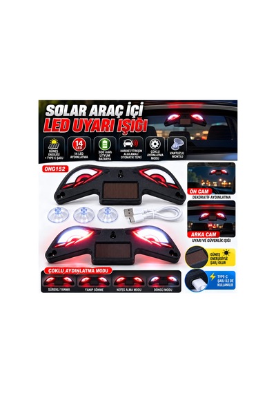 Loacandleco Solar Araç İçi 14 Led Uyarı Işığı Ong152 Güneş Enerjili Type-c Şarjlı Titreşim Algılamalı Vantuzlu Siyah - 927304628 Siyah
