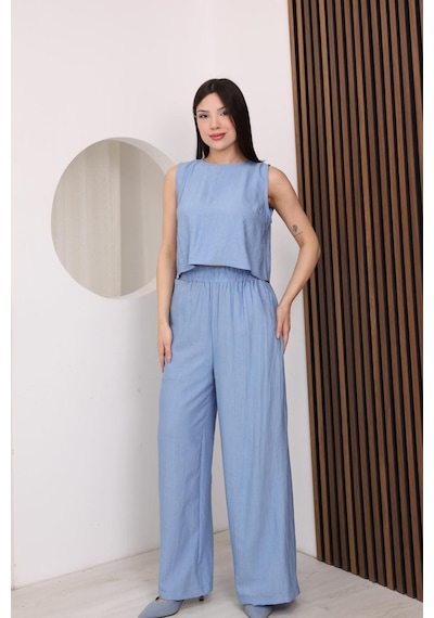 Famoda Mavi Sırtı Çapraz Bağcıklı Crop Bluz & Yüksek Bel Palazzo Pantolon Alt Üst Takım