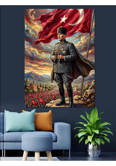Cephede Türk Bayraklı Atatürk Portresi Dekoratif Kanvas - Mdf Ahşap Tablo