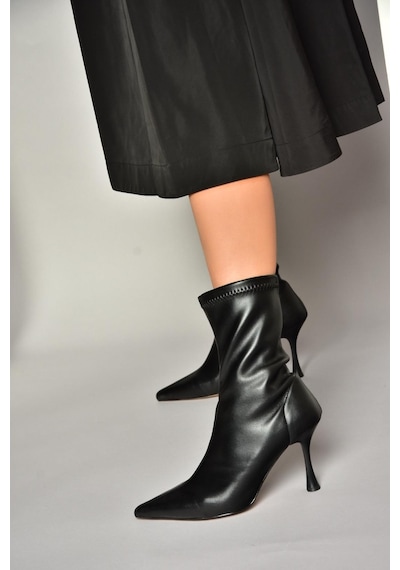 Fox Shoes T752582409 Siyah Streç Deri İnce Topuklu Kadın Bot Siyah-Suni Deri Siyah