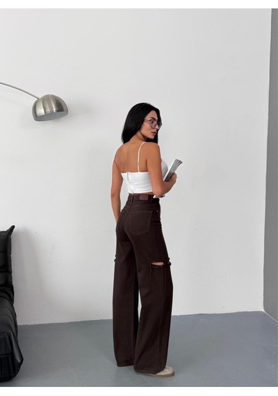 Kadın Kahverengi Baggy Jean Yüksek Bel Kot Pantolon Denim Kumaş Yanlardan Lazerli Kahverengi