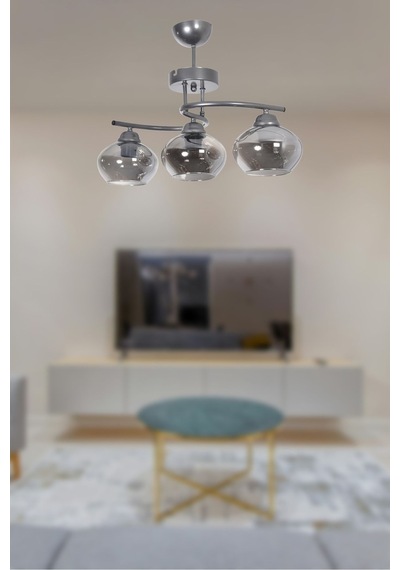 Fuji Modern Dekoratif Salon - Mutfak - Yatak Odası Gri Renk Füme Camlı 3 Lü Avize Gri - Füme