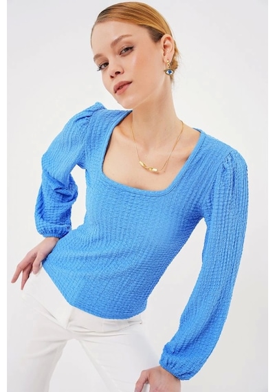 Defymoda 0442 Uzun Kollu Bluz - Saks Saks