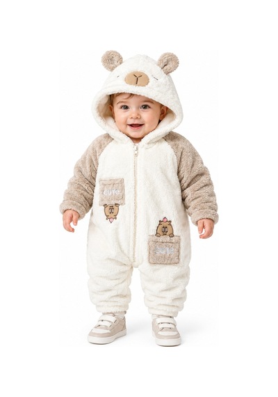 Chicsy Baby Tatlı Ayıcık Nakışlı Bebek Welsoft Tulum Kapüşonlu Kulaklı Fermuarlı Cepli Kışlık Peluş Tulum Bej