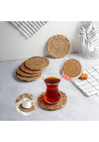 6 Adet El Yapımı Yuvarlak Hasır Bardak Altlığı - Fincan, Çay Ve Kupa Altlığı - 10cm Bej